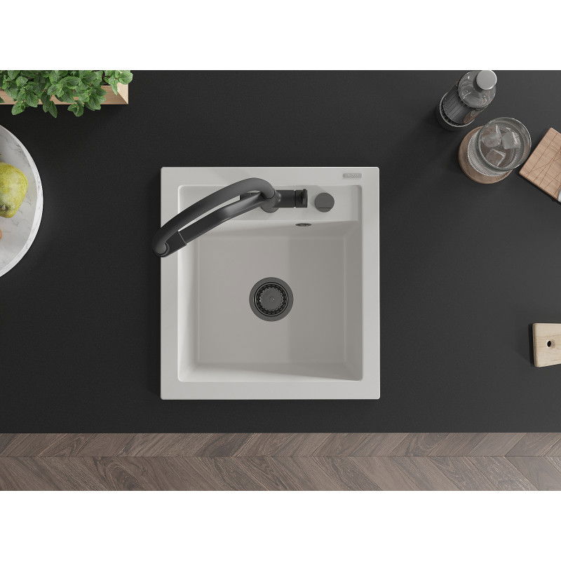 Mexen Vito granitový drez 1-komorový s kuchynskou batériou Duo, biely - 6503-20-671701-70-B