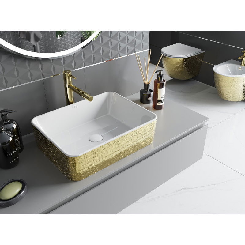 Mexen Catia umývadlo na dosku 48 x 38 cm, biela/zlatá vzor šupiny - 21314808