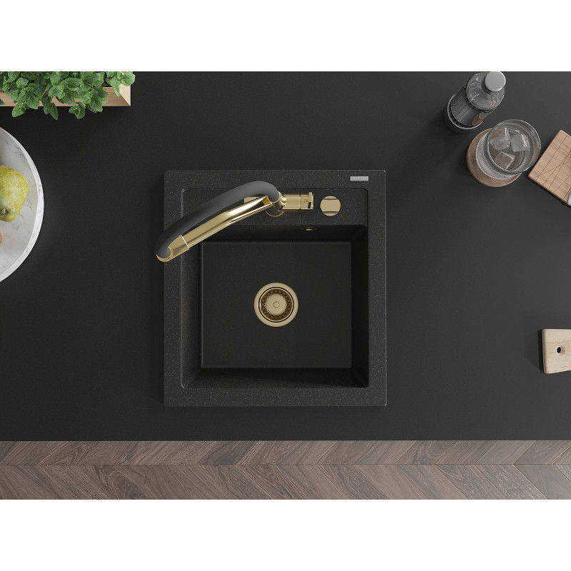 Mexen Vito jednokomorový žulový kuchynský drez s batériou Duo, čierna/strieborný metalik - 6503-73-671701-57-G