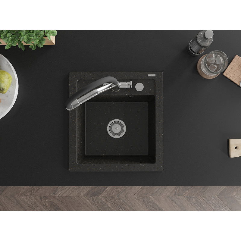 Mexen Vito granitový drez s 1-komorou s kuchynskou batériou Duo, čierny/zlatý metalický - 6503-75-671701-07