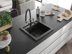 Mexen Vito granitový kuchynský drez 1-komorový s kuchynskou batériou Duo, čierny/zlatý metalik - 6503-75-671701-07-B