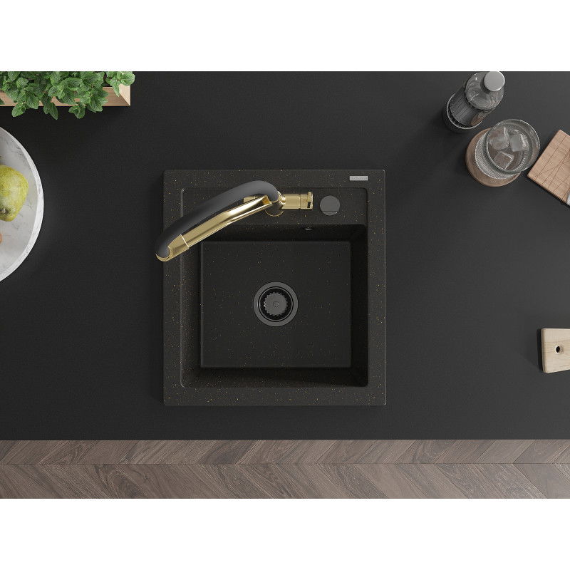 Mexen Vito žulový drez 1-komorový s kuchynskou batériou Duo, čierny/zlatý metalik - 6503-75-671701-57-B
