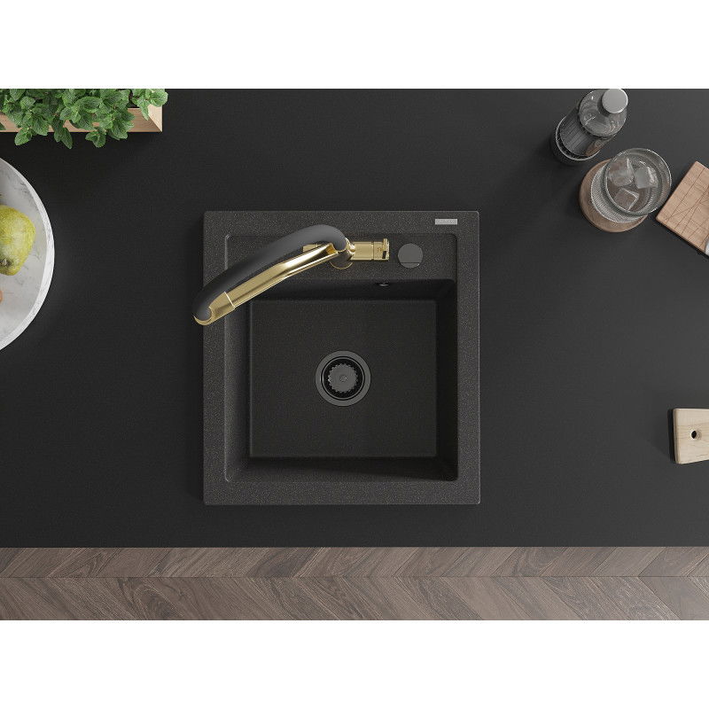 Mexen Vito kuchynský drez z granitu 1-komorový s kuchynskou batériou Duo, čierny s bodkami - 6503-76-671701-57-B