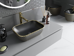 Mexen Rita umývadlo na dosku 45 x 32 cm, čierna matná/zlatý vzor mriežka - 21084579