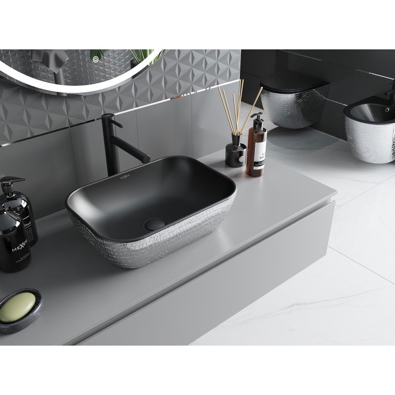 Mexen Rita umývadlo na dosku 45 x 32 cm, čierny mat/strieborný vzor šupiny - 21084572