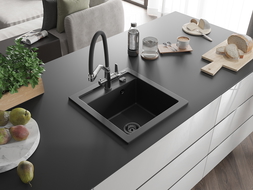 Mexen Vito granitový drez s jednou komorou a kuchynskou batériou Duo, čierny - 6503-77-671701-07-B