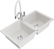 Mexen Mario granitový kuchynský drez 2-komorový s kuchynskou batériou Duo, biely - 6504-20-671701-02