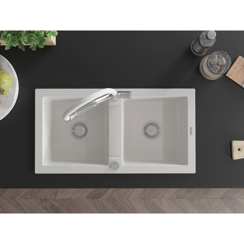 Mexen Mario granitový kuchynský drez 2-komorový s kuchynskou batériou Duo, biely - 6504-20-671701-02