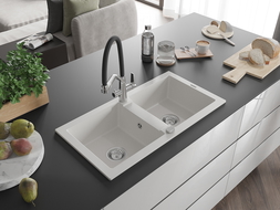 Mexen Mario žulový drez 2-komorový s kuchynskou batériou Duo, biely - 6504-20-671701-07