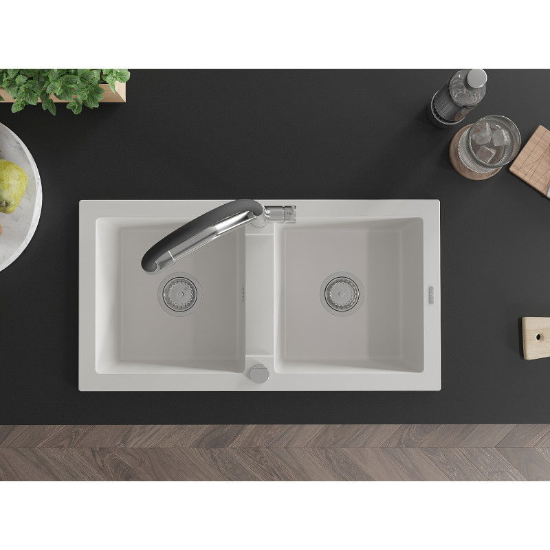 Mexen Mario žulový drez 2-komorový s kuchynskou batériou Duo, biely - 6504-20-671701-07