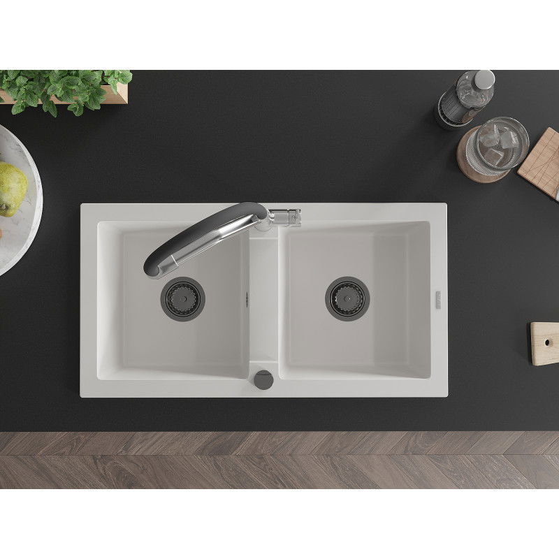 Mexen Mario granitový drez 2-komorový s kuchynskou batériou Duo, biely - 6504-20-671701-07-B