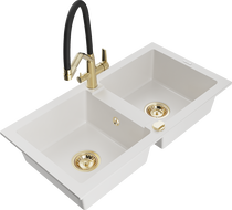 Mexen Mario dvojkomorový žulový drez s kuchynskou batériou Duo, biely - 6504-20-671701-57-G