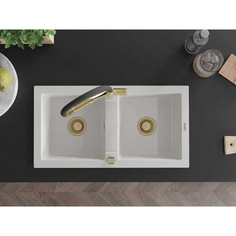 Mexen Mario dvojkomorový žulový drez s kuchynskou batériou Duo, biely - 6504-20-671701-57-G