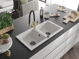 Mexen Mario granitový kuchynský dvojdrez s kuchynskou batériou Duo, biely - 6504-20-671701-57-B