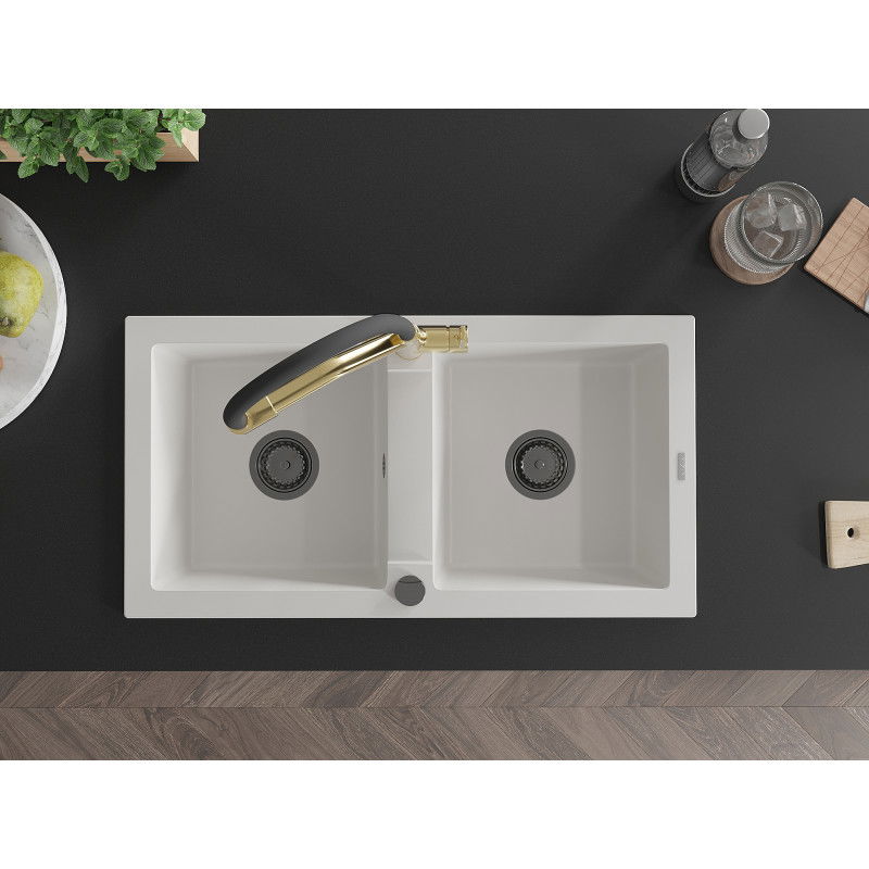 Mexen Mario granitový kuchynský dvojdrez s kuchynskou batériou Duo, biely - 6504-20-671701-57-B