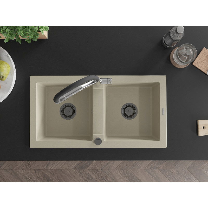 Mexen Mario žulový kuchynský drez 2-komorový s kuchynskou batériou Duo, béžový - 6504-69-671701-07-B