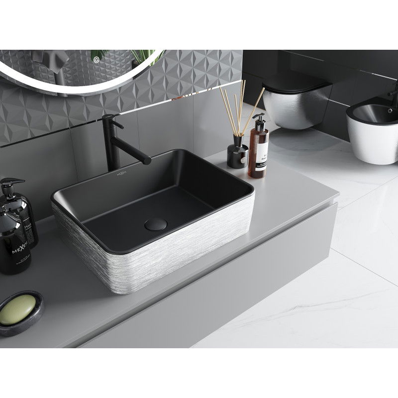 Mexen Catia umývadlo na dosku 48 x 37 cm, čierna matná/strieborný vzor línie - 21314873