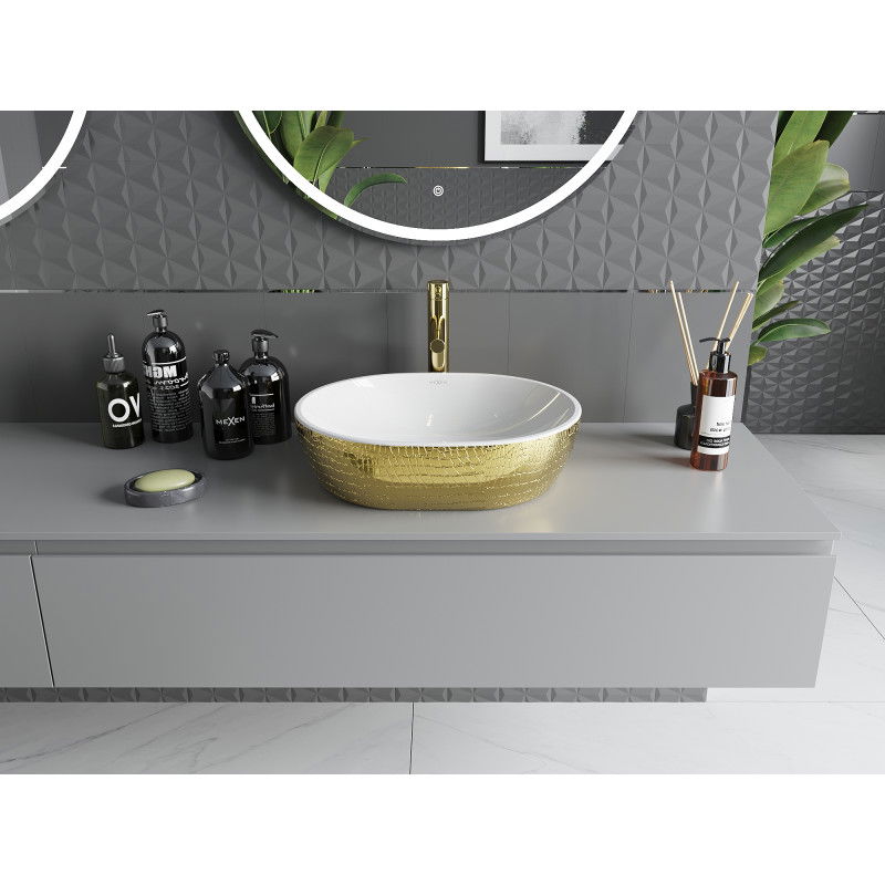 Mexen Viki umývadlo na dosku 48 x 35 cm, biela/zlatá vzor šupiny - 21054808
