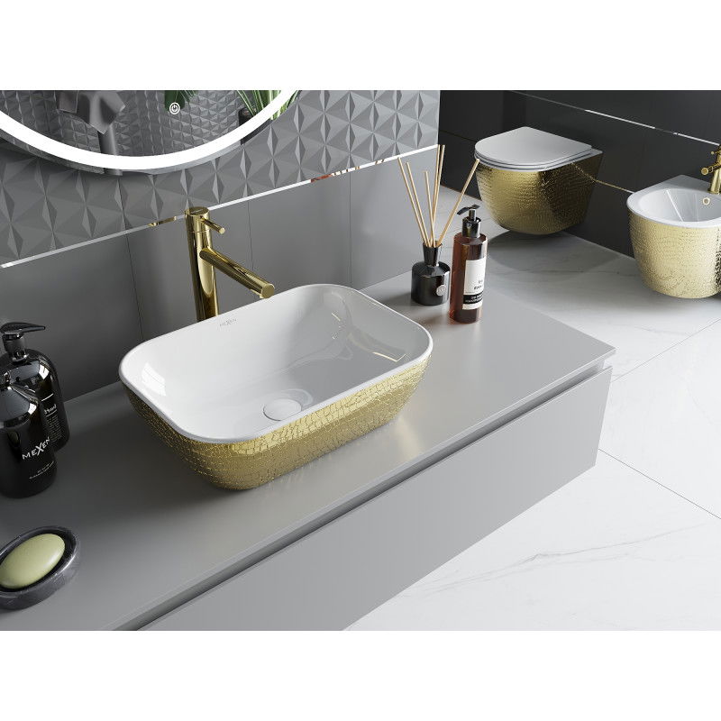 Mexen Rita umývadlo na dosku 45 x 32 cm, biele/zlatý vzor šupiny - 21084554