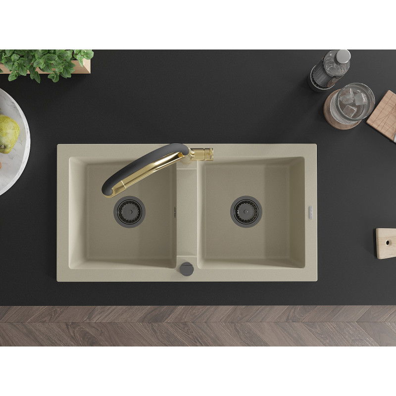 Mexen Mario dvojkomorový žulový kuchynský drez s kuchynskou batériou Duo, béžový - 6504-69-671701-57-B