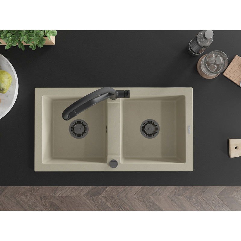 Mexen Mario granitový drez 2-komorový s kuchynskou batériou Duo, béžový - 6504-69-671701-70-B