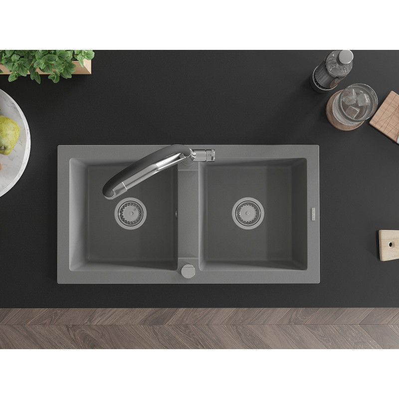 Mexen Mario granitový drez s 2 komorami a kuchynskou batériou Duo, sivý - 6504-71-671701-07