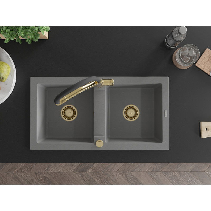 Mexen Mario žulový dvojkomorový drez so samostatnou kuchynskou batériou Duo, sivý - 6504-71-671701-57-G
