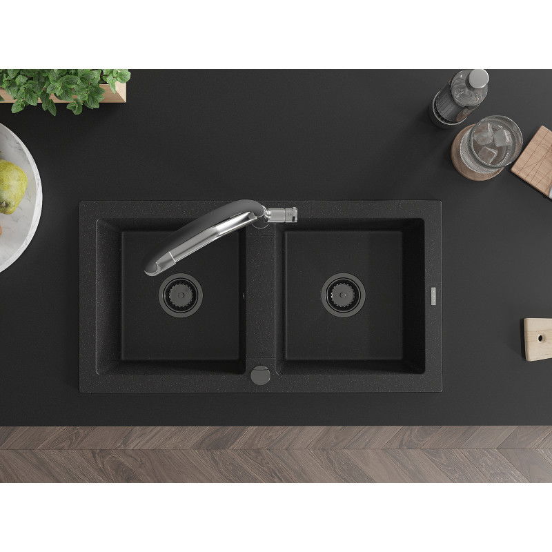 Mexen Mario kuchynský drez z granitu s 2 komorami a kuchynskou batériou Duo, čierny/strieborný metalický - 6504-73-671701-07-B