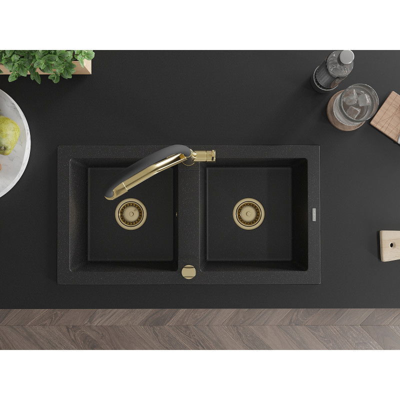 Mexen Mario granitový drez 2-komorový s kuchynskou batériou Duo, čierny/strieborný metalický - 6504-73-671701-57-G