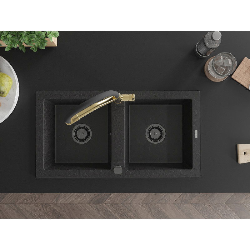 Mexen Mario granitový drez dvojkomorový s kuchynskou batériou Duo, čierny/strieborný metalik - 6504-73-671701-57-B