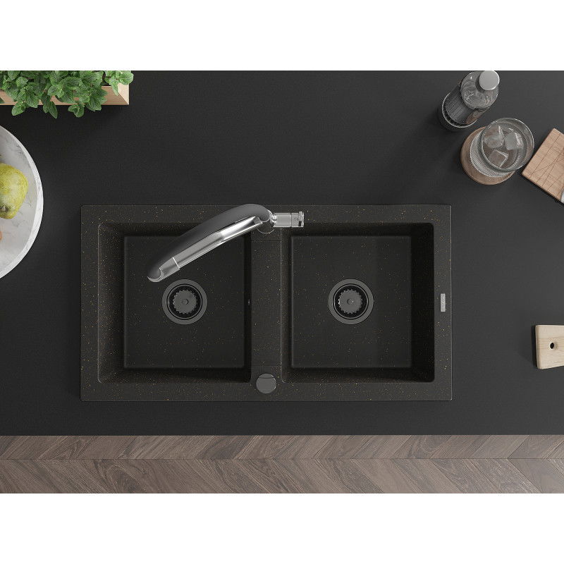 Mexen Mario granitový drez dvojkomorový s kuchynskou batériou Duo, čierny/zlatý metalik - 6504-75-671701-07-B