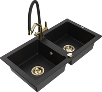 Mexen Mario granitový drez 2-komorový s kuchynskou batériou Duo, čierny - 6504-77-671701-57-G