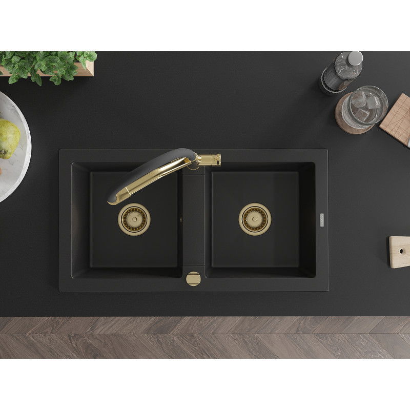 Mexen Mario granitový drez 2-komorový s kuchynskou batériou Duo, čierny - 6504-77-671701-57-G