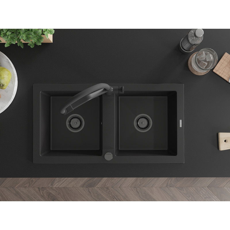Mexen Mario granitový dvojkomorový drez s kuchynskou batériou Duo, čierny - 6504-77-671701-70-B