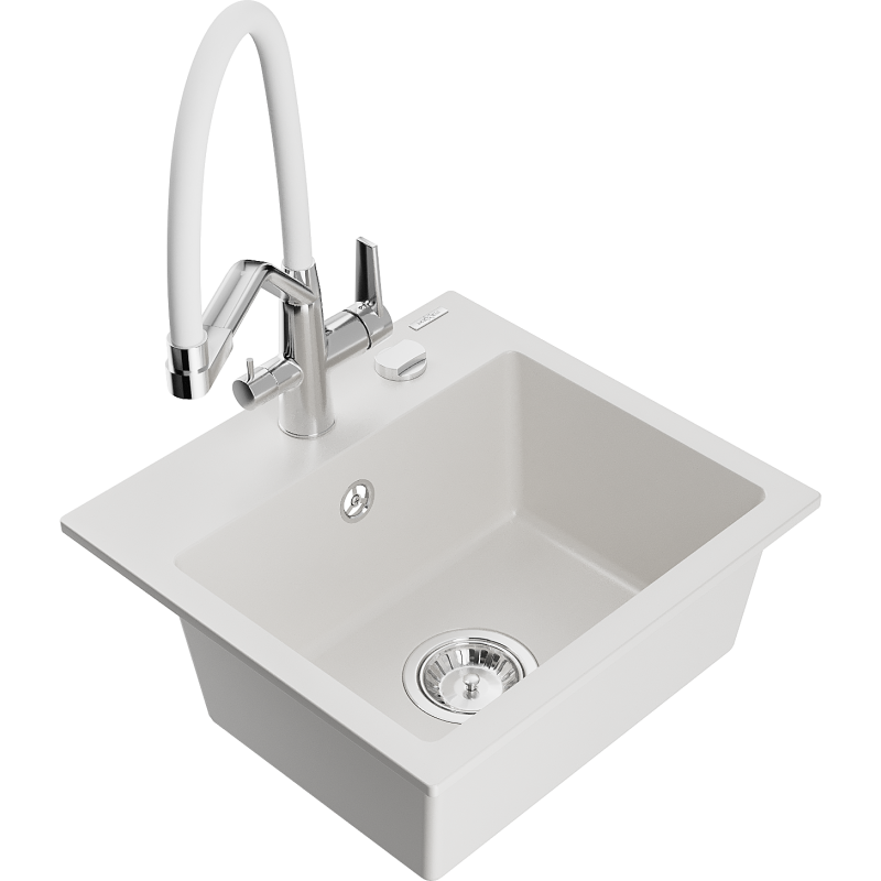 Mexen Milo granitový drez 1-komorový s kuchynskou batériou Duo, biela - 6505-20-671701-02