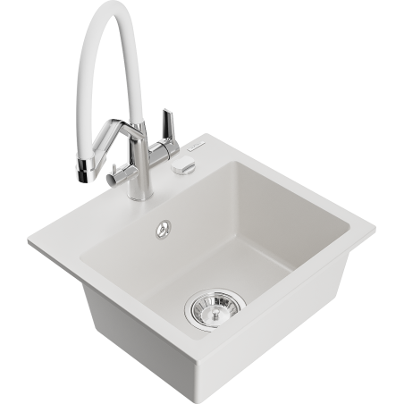 Mexen Milo granitový drez 1-komorový s kuchynskou batériou Duo, biela - 6505-20-671701-02