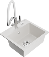 Mexen Milo granitový drez 1-komorový s kuchynskou batériou Duo, biela - 6505-20-671701-02