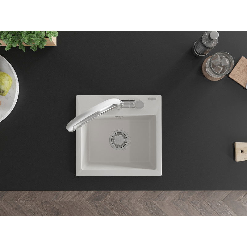 Mexen Milo granitový drez 1-komorový s kuchynskou batériou Duo, biela - 6505-20-671701-02