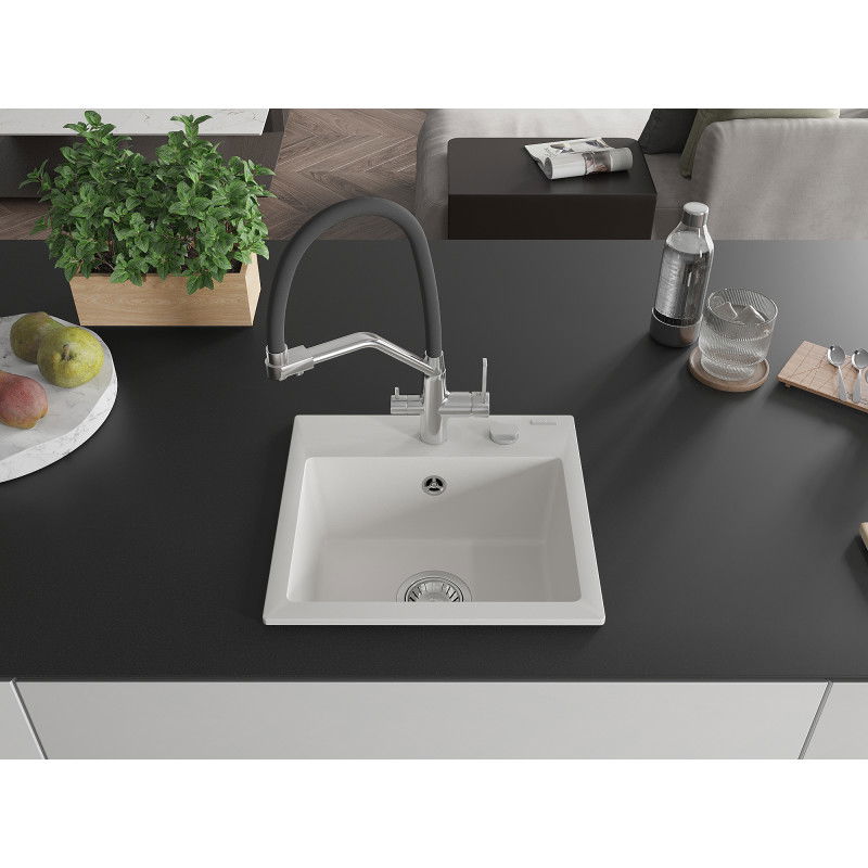 Mexen Milo granitový drez 1-komorový s kuchynskou batériou Duo, biely - 6505-20-671701-07