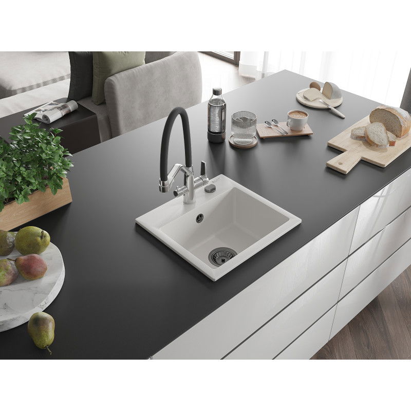 Mexen Milo granitový kuchynský drez 1-komorový s kuchynskou batériou Duo, biely - 6505-20-671701-07-B