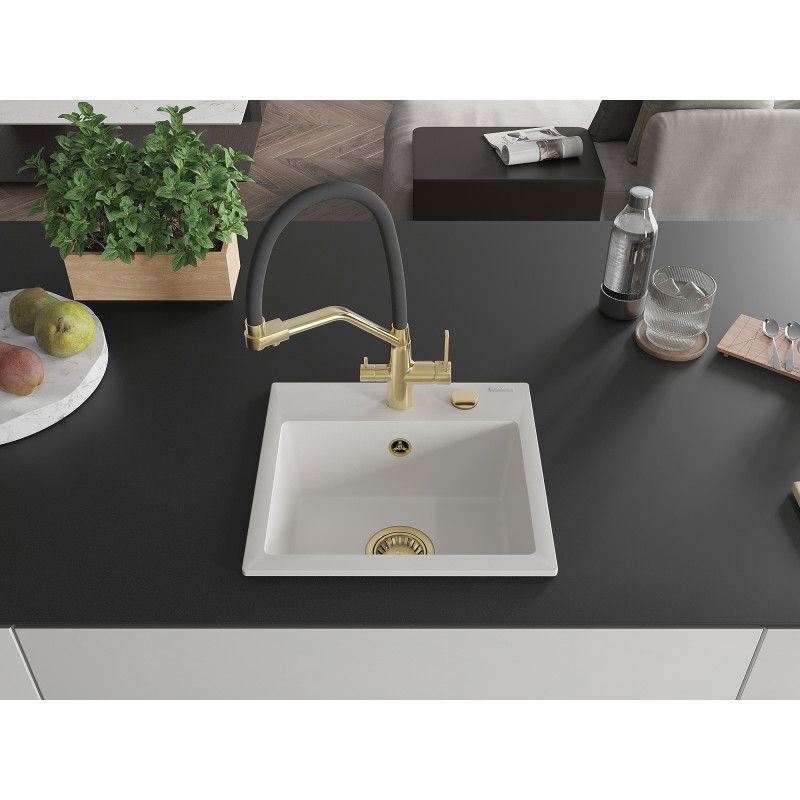 Mexen Milo granitový kuchynský drez s 1 komorou a kuchynskou batériou Duo, biely - 6505-20-671701-57-G