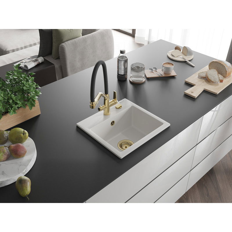 Mexen Milo granitový kuchynský drez s 1 komorou a kuchynskou batériou Duo, biely - 6505-20-671701-57-G