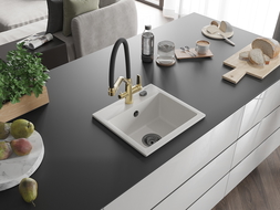 Mexen Milo granitový drez 1-komorový s kuchynskou batériou Duo, biely - 6505-20-671701-57-B