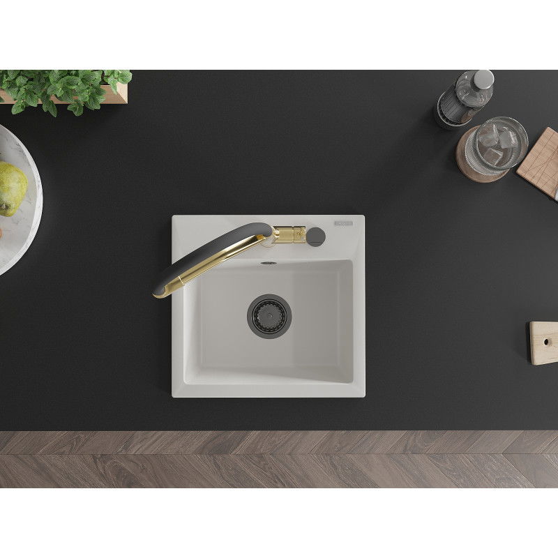 Mexen Milo granitový drez 1-komorový s kuchynskou batériou Duo, biely - 6505-20-671701-57-B