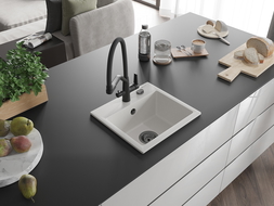 Mexen Milo 1-komorový granitový drez s kuchynskou batériou Duo, biely - 6505-20-671701-70-B