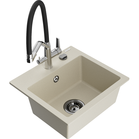 Mexen Milo granitový drez 1-komorový s kuchynskou batériou Duo, béžový - 6505-69-671701-07-B