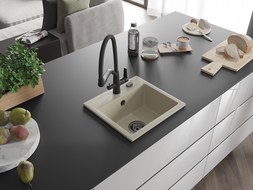 Mexen Milo granitový drez s 1 komorou a kuchynskou batériou Duo, béžový - 6505-69-671701-70-B