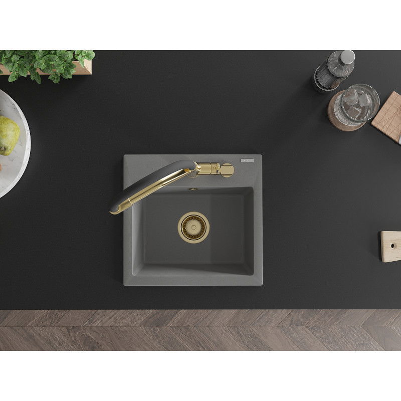 Mexen Milo granitový drez 1-komorový s kuchynskou batériou Duo, sivý - 6505-71-671701-57-G