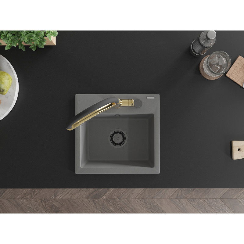 Mexen Milo granitový kuchynský drez 1-komorový s kuchynskou batériou Duo, sivý - 6505-71-671701-57-B