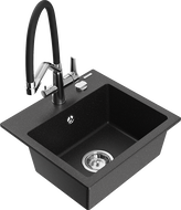 Mexen Milo žulový kuchynský drez s 1 komorou a kuchynskou batériou Duo, čierny/strieborný metalik - 6505-73-671701-07